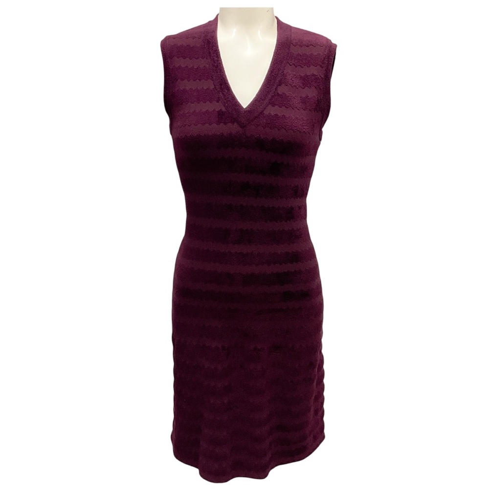 ALAIA BURGUNDY SLEEVELESS V NECK STRETCH KNIT DRESS